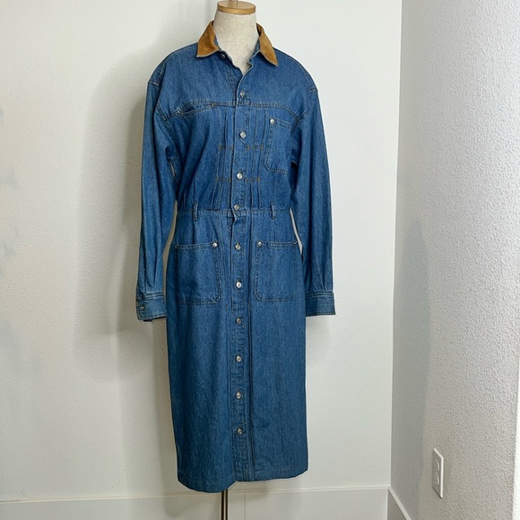Nieman Marcus Dresses & Skirts - Nieman Marcus Vintage Denim Leather Collar Button Up Dress